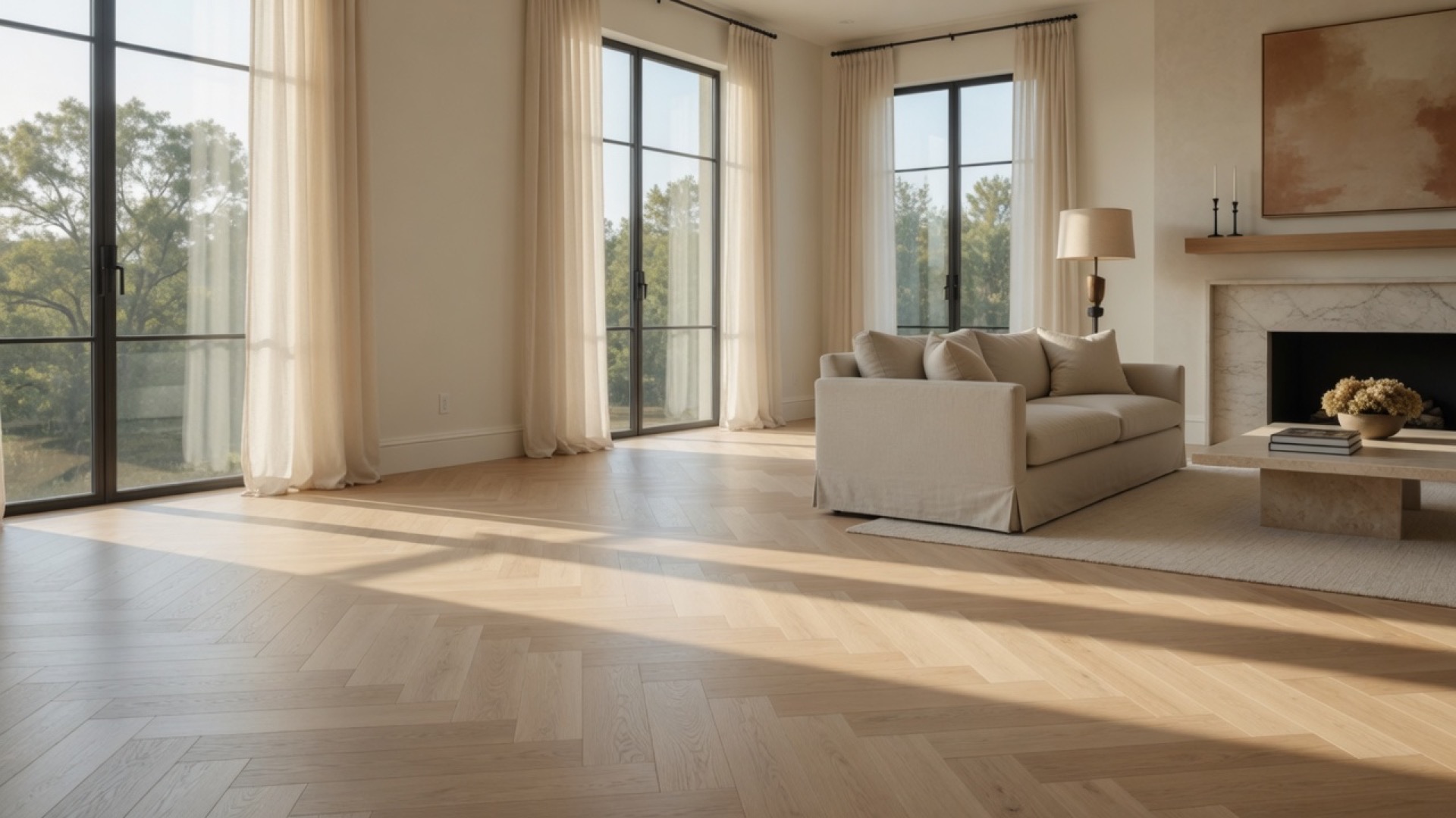 Sunlit living room with white oak hardwood floors